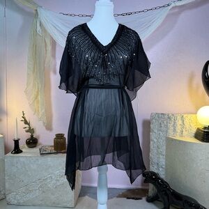 Black Fairycore Sheer Sequin Shirt Dress | Boho Witchy Mini Dress | Size M–L